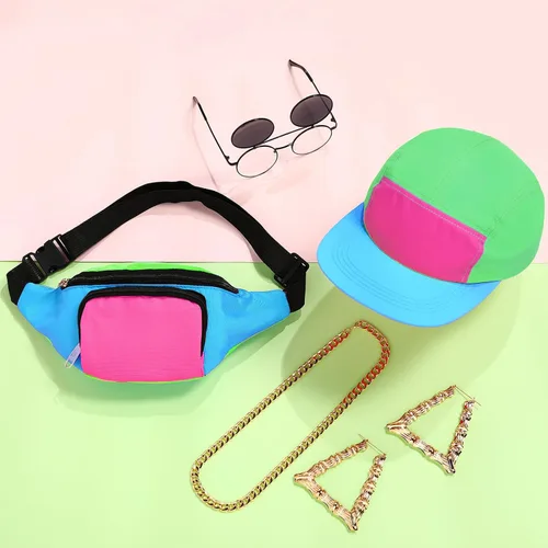 Miniatura 4 de Cindeer 5 piezas de accesorios de hip hop de los años 90 para mujeres y hombres, traje de los años 80 y 90, riñonera de neón, sombrero, lentes