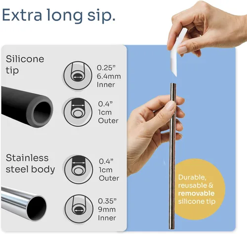 Miniatura 2 de purifyou Pajitas de acero inoxidable extra largas de 14.5 pulgadas con puntas de silicona, popotes de metal reutilizables para vasos, licuados