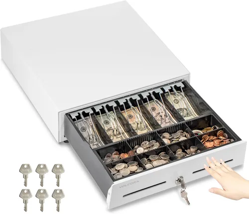 Volcora Cajón manual para caja registradora de 16" para sistema de punto de venta (POS), cajón blanco resistente parcialmente extraíble con 5