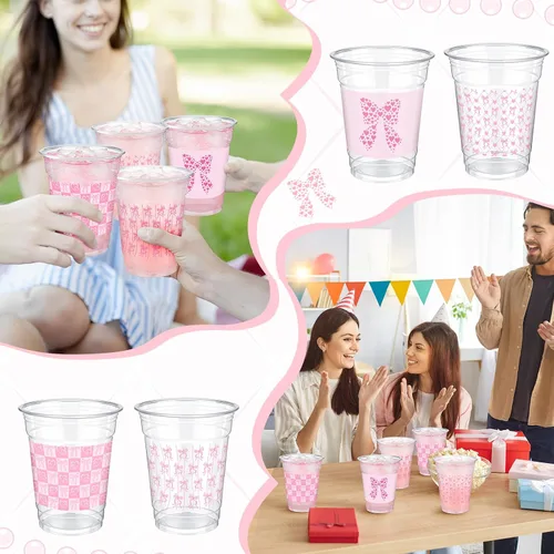 Miniatura 4 de Qinyoung 100 vasos de plástico con lazo rosa de 12 onzas, vasos desechables de coqueta, lazo rosa y corazón, vasos de plástico transparente