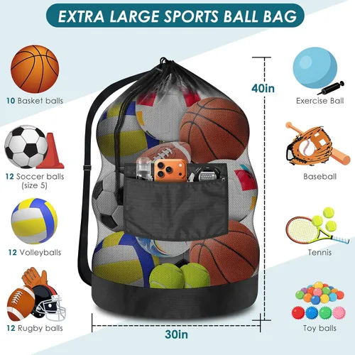 Miniatura 2 de BROTOU Bolsa de red para pelota de fútbol extragrande, bolsa de malla con cordón de 40 x 30 pulgadas con bolsillo con cremallera, bolsa