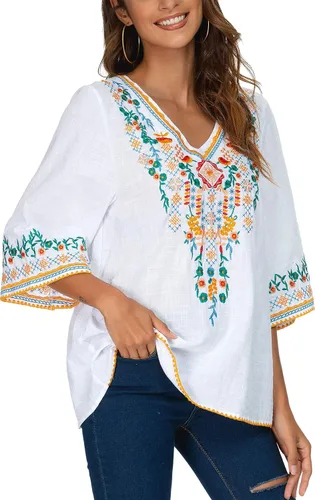 Miniatura 6 de YZXDORWJ Blusa campesina mexicana bordada con cuello en V para mujer