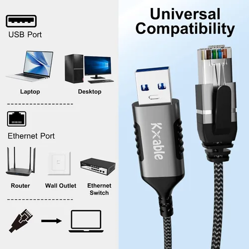 Miniatura 7 de Kxable Cable USB a Ethernet delgado de 4 pies, cable delgado USB 3.0 A a RJ45, conectado directamente, aluminio, trenzado, OFC, cable de red LAN USB