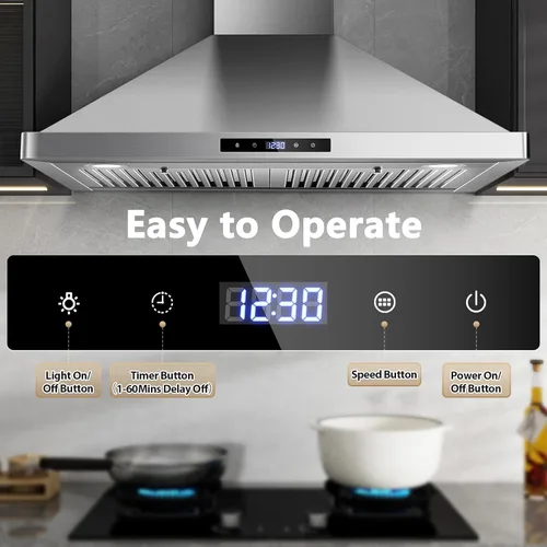 Miniatura 4 de Campana de cocina de montaje en pared de 30 pulgadas, campana extractora con/sin conductos con función de apagado retardado, 700 CFM, ventilador