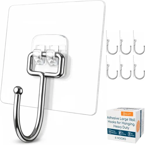 GLUIT Ganchos de pared grandes adhesivos para colgar ganchos resistentes de 22 libras para paredes, sin daños, ganchos transparentes adhesivos para