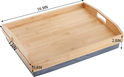 Miniatura 2 de Cedilis Bandeja de regazo de bambú con almohada desmontable, bandeja de servir de 16.9 x 13 pulgadas con asas para comer en la cama