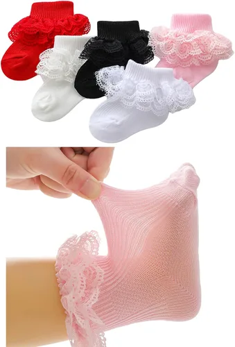Miniatura 2 de Calcetines de encaje con volantes y volantes para bebé niña calcetines de triple encaje para vestido de tobillo para recién nacido paquete de 5