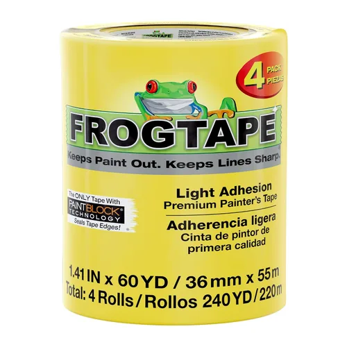 FrogTape Cinta para pintores de superficies delicadas con bloque de pintura, 1.5 pulgadas de ancho (1.41 pulgadas x 60 yardas), baja adherencia,