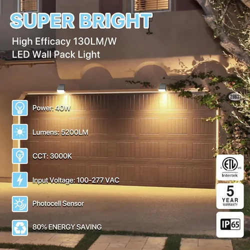 Miniatura 2 de HYPERLITE Paquete de pared LED: 40W 3000K Luces de pared LED al aire libre con fotocélula del anochecer al amanecer, 5200lm ETL Listado Paquetes