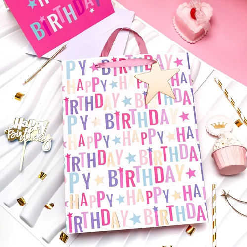 Miniatura 4 de LeZakaa Bolsa de regalo de cumpleaños de 13 pulgadas, bolsa de regalo mediana rosa con papel de seda, etiqueta de regalo y tarjeta, letras de feliz