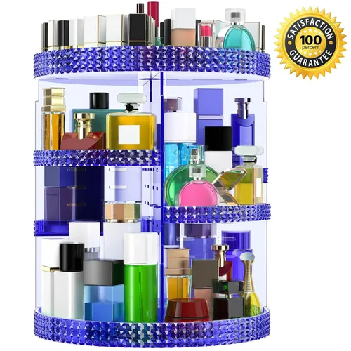 Miniatura 2 de Organizador de maquillaje giratorio grande de 360 grados para mostrador, organizadores de maquillaje acrílico azul, organizador de perfumes