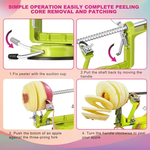 Miniatura 5 de Pelador de manzanas, cortador y descorazonador de papas 3 en 1, de acero inoxidable resistente con base de ventosa y 3 cuchillas extra (Verde)