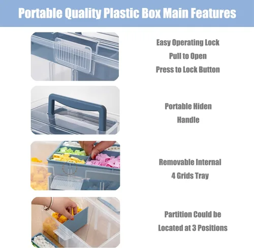 Miniatura 2 de Caja Organizadora de Suministros de Artes y Manualidades de Plástico Transparente Grande con Bandeja Extraíble y Partición y Asa, Caja