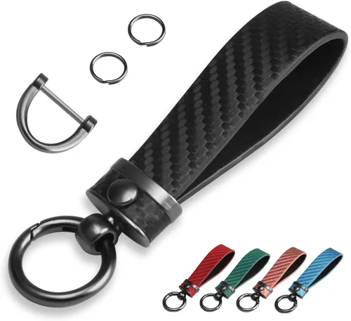 QBUC Llavero de coche estilo fibra de carbono, llavero portallaves de cuero de microfibra para hombres y mujeres, con giratorio de 360 grados, Negro