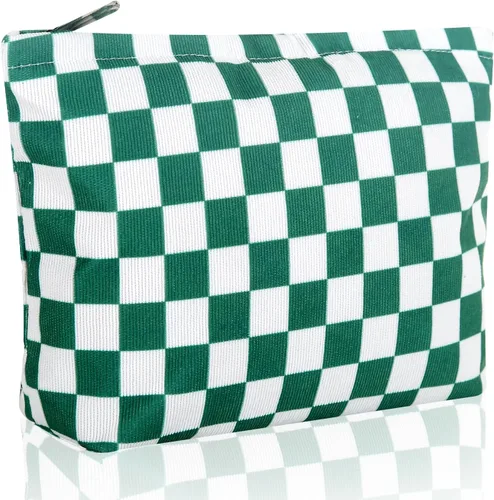 Wudimeitt Bolsa de cosméticos Bolsa de maquillaje Preppy Cute Corduroy Neceser para mujer Artículos esenciales de viaje (verde a cuadros)