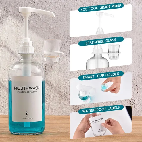 Miniatura 5 de Dispensador de enjuague bucal de vidrio con portavasos y bomba, dispensador de enjuague bucal rústico bohemio de 16 oz para decoración de baño