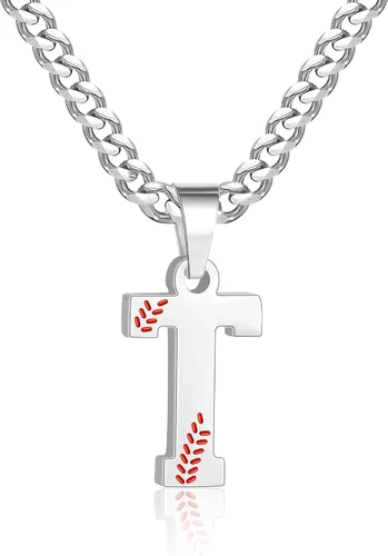 Miniatura 70 de Avotto Collar de béisbol con letra inicial de la A a la Z para niños y hombres, cadena cubana de acero inoxidable resistente que no se decolora