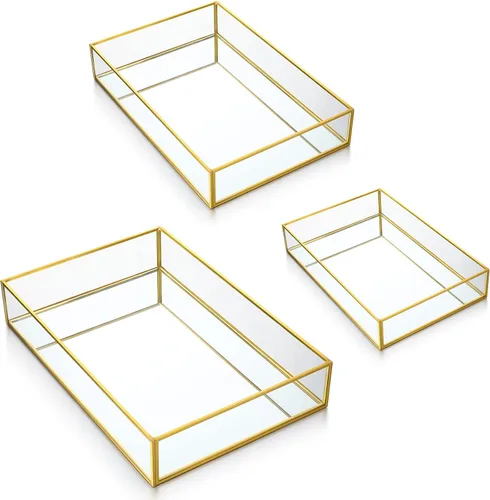 Jetec Bandeja de tocador de cristal de espejo de 3 piezas, bandeja de maquillaje dorada ornamentada, bandeja de metal vintage octogonal para Dorado