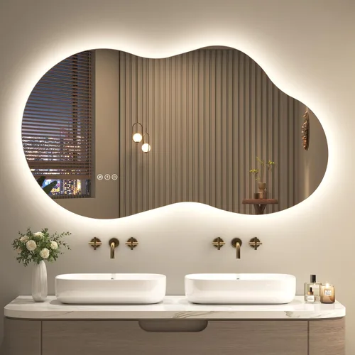 Miniatura 13 de SMIROR Espejo de Baño Retroiluminado Irregular con Luces 20 x 32, Espejo de Tocador con Luz LED Asimétrica en Forma de Nube para Pared