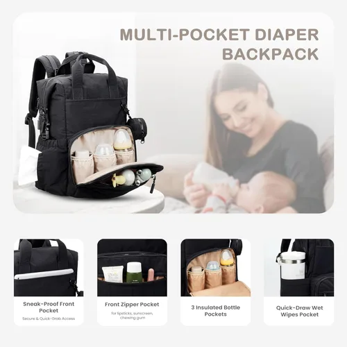 Miniatura 4 de VONAL Mochila para pañales, bolsas ligeras para pañales para bebé, bolsa de pañales grande de viaje con cambiador, mochila de pañales negra