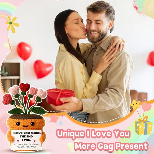 Miniatura 6 de MAMAGIFTREE Planta en maceta de ganchillo a mano con tarjeta I Love You More – Divertido ramo de corazón romántico, regalo eterno hecho a mano