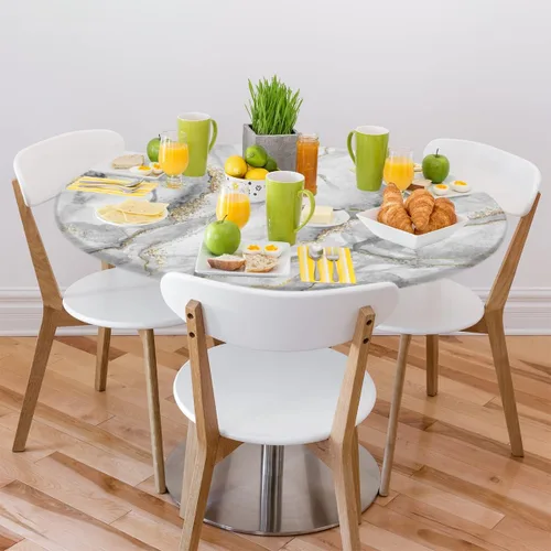Miniatura 2 de cfpolar Mantel redondo de mármol con borde elástico, mantel lavable de mármol blanco moderno, mantel lavable de poliéster para cocina, comedor