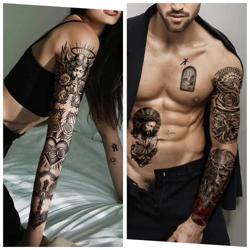 Miniatura 3 de Yazhiji 48 hojas de tatuajes temporales cristianos de brazo completo para adultos, tatuajes falsos de medio brazo religiosos de Jesús Cristo, cruz