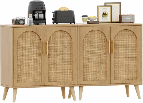 Miniatura 6 de Rovaurx Juego de 2 gabinetes de almacenamiento de ratán con puertas, gabinete de piso de baño de acento, aparador moderno para sala de estar, Natural