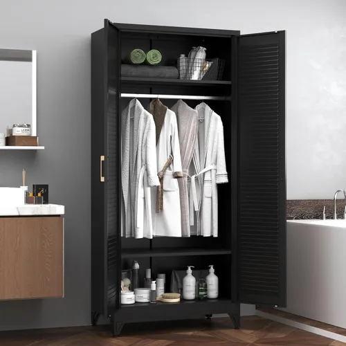 Miniatura 7 de SteeLoong Armario de metal de 71 pulgadas con barra para colgar, armario con puertas y estantes ajustables, armarios de almacenamiento de ropa negra