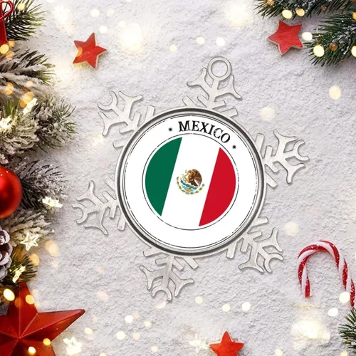 Miniatura 6 de Adorno de copo de nieve de bandera de México para decoración de árbol de Navidad, recuerdo de ciudad de campo, adornos de Navidad personalizados