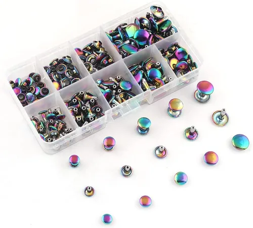 Miniatura 14 de Remaches tubulares de doble tapa arcoíris – Remache rápido redondo de botón de metal arcoíris de 0.354 in, remaches para bolsos, bolsos, zapatos