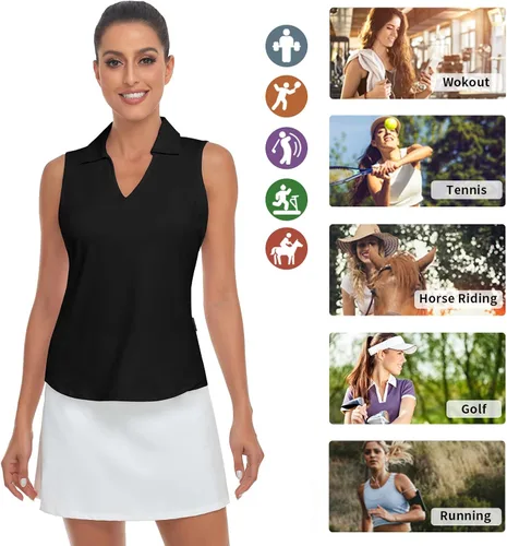 Miniatura 8 de Soneven Camisas de golf sin mangas con estampado que absorbe la humedad, cuello en V, camisas polo de golf con espalda cruzada