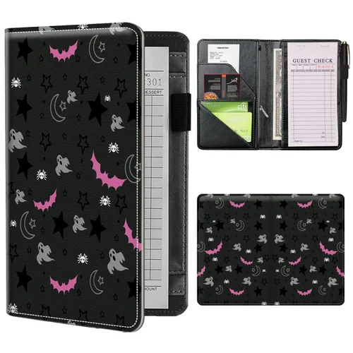 Miniatura 30 de Libros de mesero para camarera con bolsillo con cremallera, lindo esqueleto de baile, almohadillas de cuero para servidor, organizador de meseros