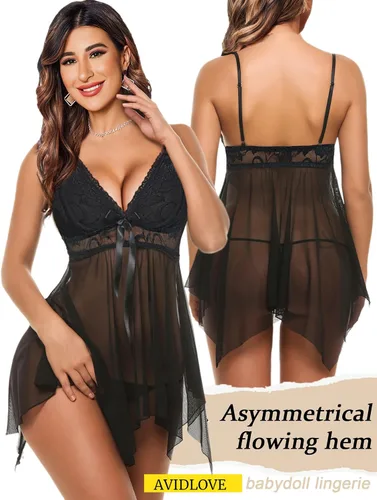 Miniatura 3 de Camisón Avidlove, lencería de encaje, babydoll, cuello en V, satinado, para mujer