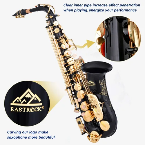 Miniatura 3 de EASTROCK Saxofón Alto Negro/Dorado Mi Bemol Kit Completo para Estudiantes Principiantes con Estuche de Transporte, Boquilla, Almohadillas Cojín