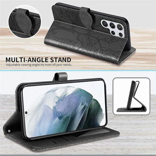 Miniatura 4 de Funda tipo cartera para Samsung Galaxy S22 Ultra 5G, piel sintética de alta calidad con diseño de árbol en relieve [atril] [ranuras para tarjetas]