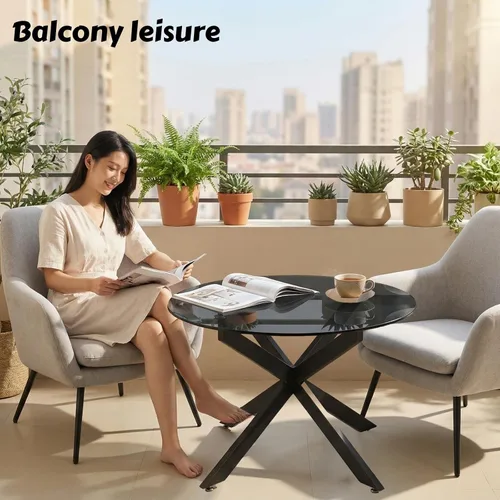 Miniatura 6 de Mesas de centro de cristal redondas y negras para sala de estar, oficina en casa, mesa central moderna y simple con parte superior de vidrio