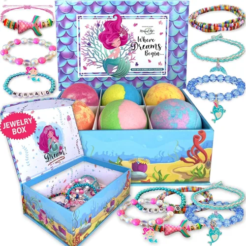 Bombas de baño para niños con sorpresa en el interior, bombas de baño de sirena para niñas con joyero y joyero para niños, orgánicas, hidratantes de