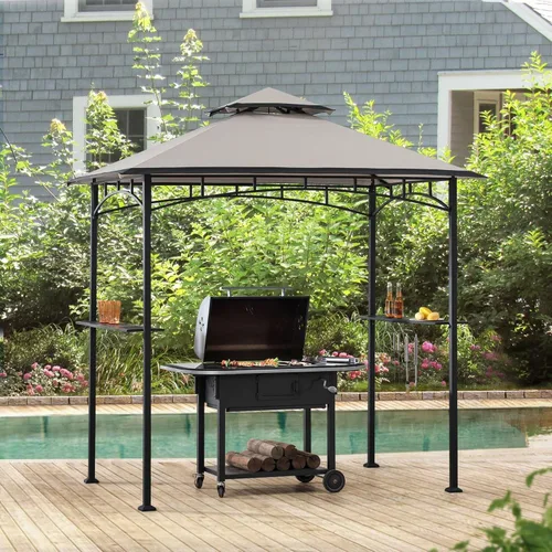 Miniatura 4 de SUNJOY Cenador de parrilla de 8 x 5 pies con techo de dosel de doble nivel, marco de acero negro para actividades al aire libre, patio, jardín