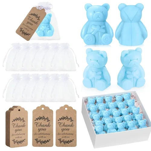 Buryeah Juego de 48 regalos de oso para baby shower para invitados, jabón de oso pequeño con etiquetas de agradecimiento, jabón hecho a mano para