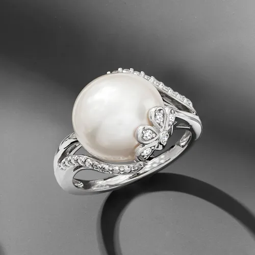 Miniatura 6 de Ross-Simons 12-12.5mm Cultured Pearl Ring With Diamonds in Sterling Silver
