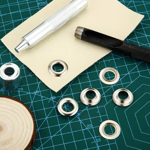 Miniatura 5 de Pangda Juego de 100 ojales con herramienta de ajuste y caja de almacenamiento para tela, lonas, cortinas Plata