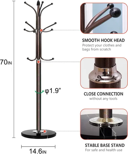 Miniatura 6 de Kertnic Perchero de metal con base de mármol natural, árbol de pasillo independiente con 12 ganchos para colgar bufanda, bolso, chamarra, Bronce
