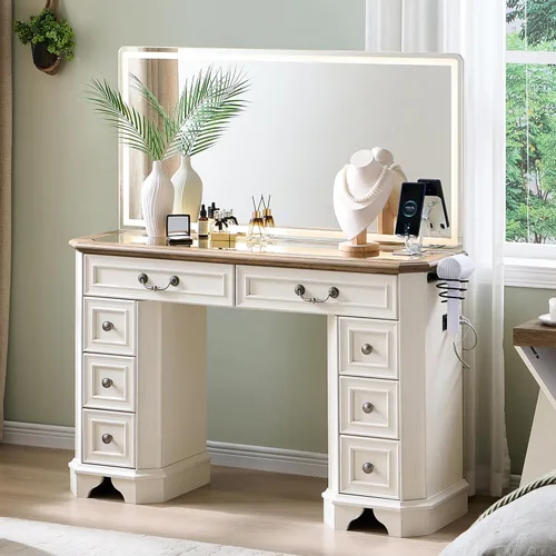 Miniatura 8 de Escritorio con espejo y luces, luces LED de 48 pulgadas, tocador de maquillaje con 8 cajones, mesa de tocador con 3 modos de color, tocador