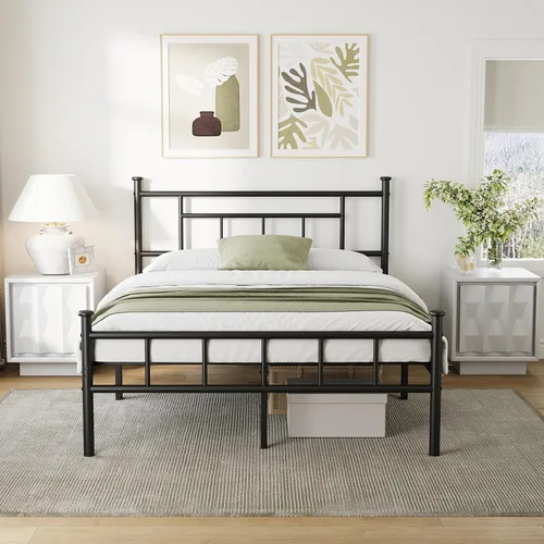 Base de cama Queen que no necesita somier, con cabecero y estribo, soporte de listones de acero resistente, 14 pulgadas de altura, fácil montaje