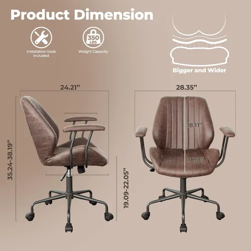 Miniatura 2 de ovios Silla de oficina en casa, sillas ergonómicas de piel sintética de mediados de siglo, respaldo medio, cómodo sillón ejecutivo giratorio