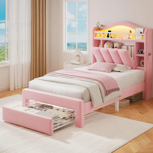 Base de cama LED individual con cabecera de almacenamiento y 2 cajones de almacenamiento, cama tapizada de terciopelo princesa con diseño de Rosa