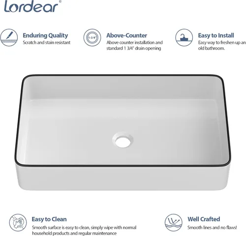 Miniatura 7 de Lordear Lavabo Rectangular de Baño Tipo Vasija 24X14 Pulgadas Lavabos de Baño Blancos de 24 Pulgadas con Borde Negro Lavabo de Cerámica Sobre