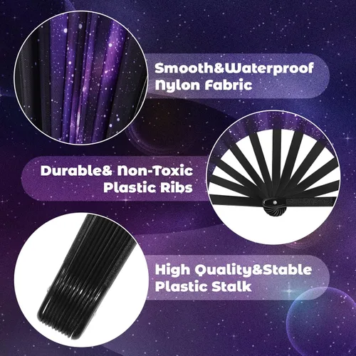 Miniatura 3 de Queekay 2 ventiladores de mano plegables rave para baile de línea para mujer, galaxia satinada, ventilador decorativo de mano grande con funda