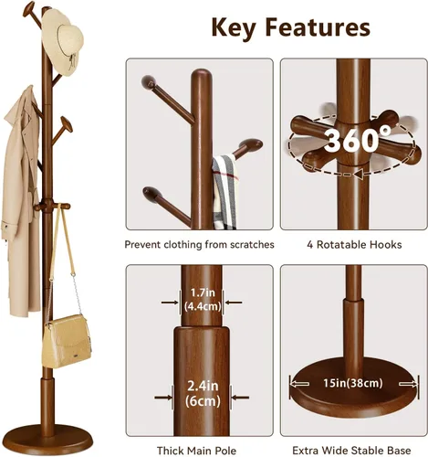 Miniatura 6 de Taitiy Perchero de madera maciza independiente con 10 ganchos para dormitorio, sala de estar, entrada, soporte resistente para colgar abrigos